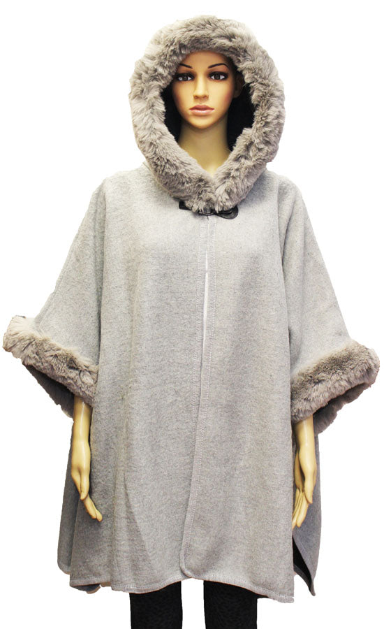 Faux Fur Trim Hooded Poncho - SHW1818