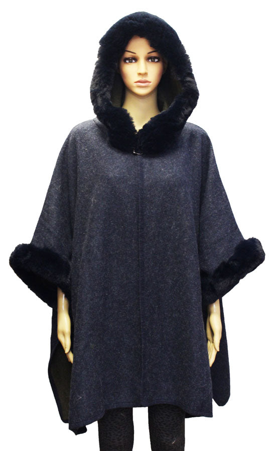 Faux Fur Trim Hooded Poncho - SHW1818
