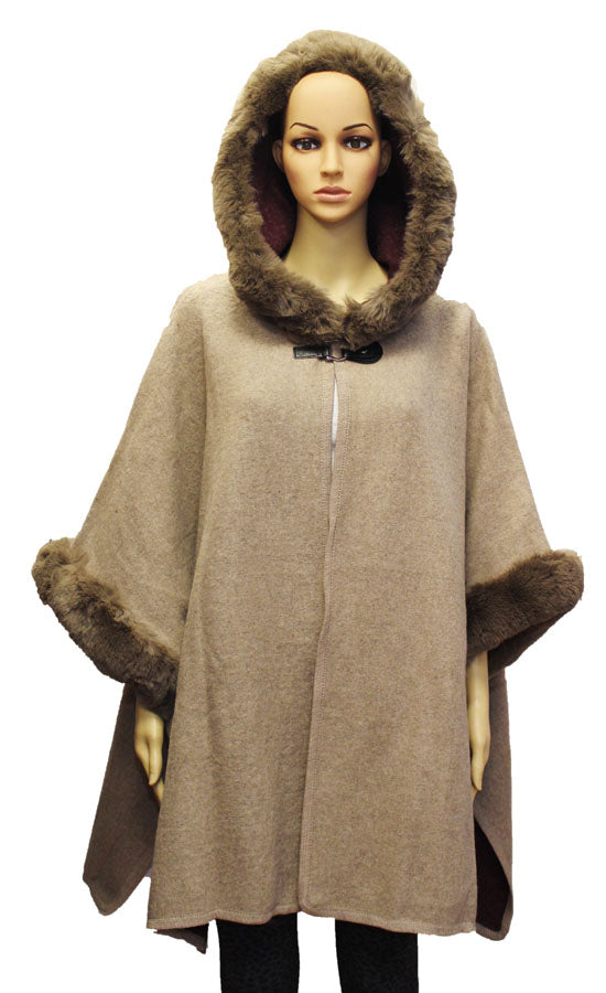 Faux Fur Trim Hooded Poncho - SHW1818