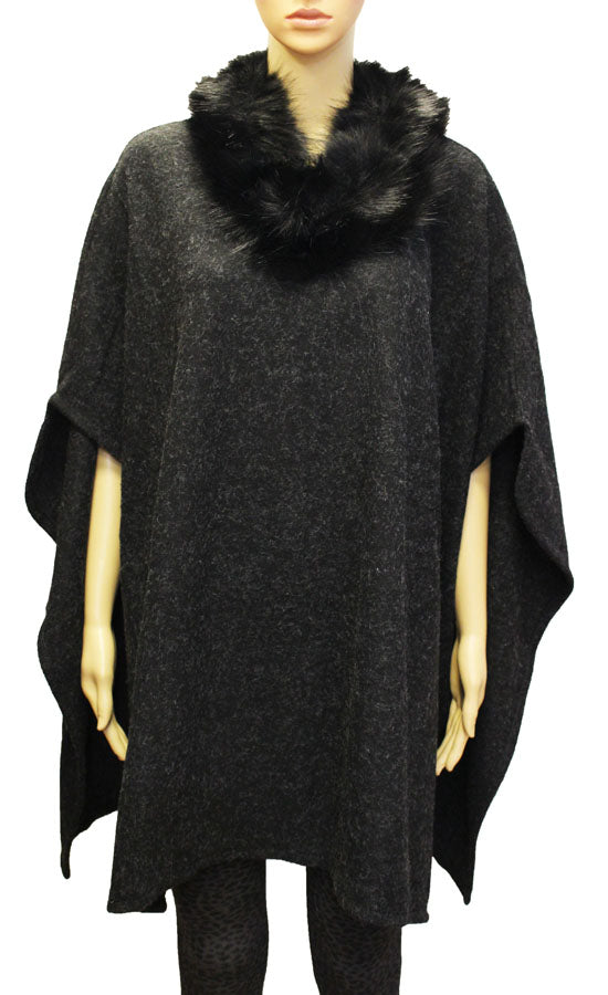 Faux Fur Collar Poncho-SHW1820