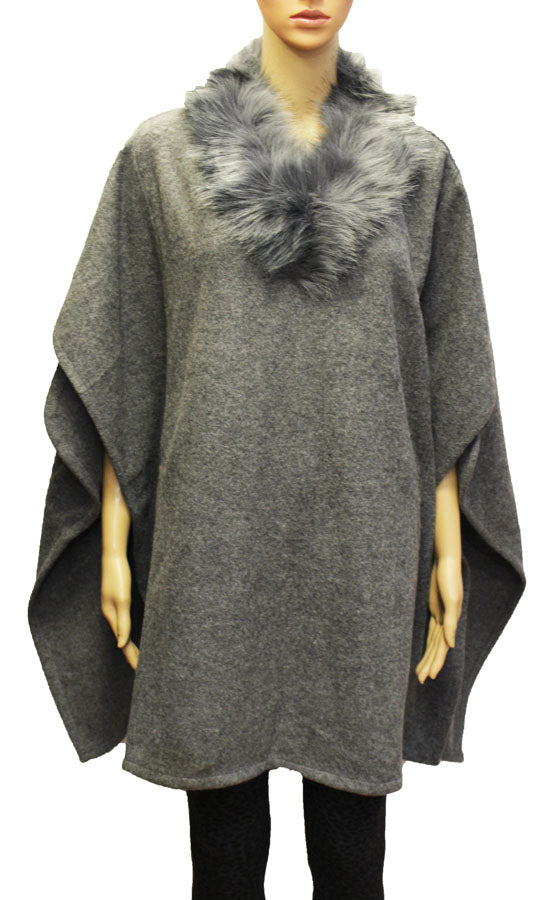 Faux Fur Collar Poncho-SHW1820