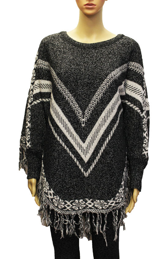 Chevron Knit Fringe Sweater-SHW1823