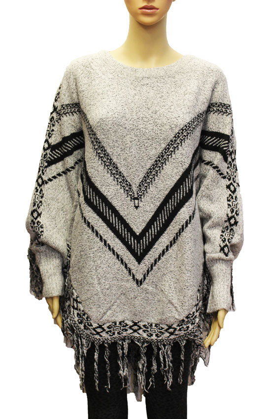 Chevron Knit Fringe Sweater-SHW1823