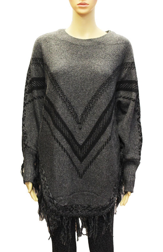 Chevron Knit Fringe Sweater-SHW1823