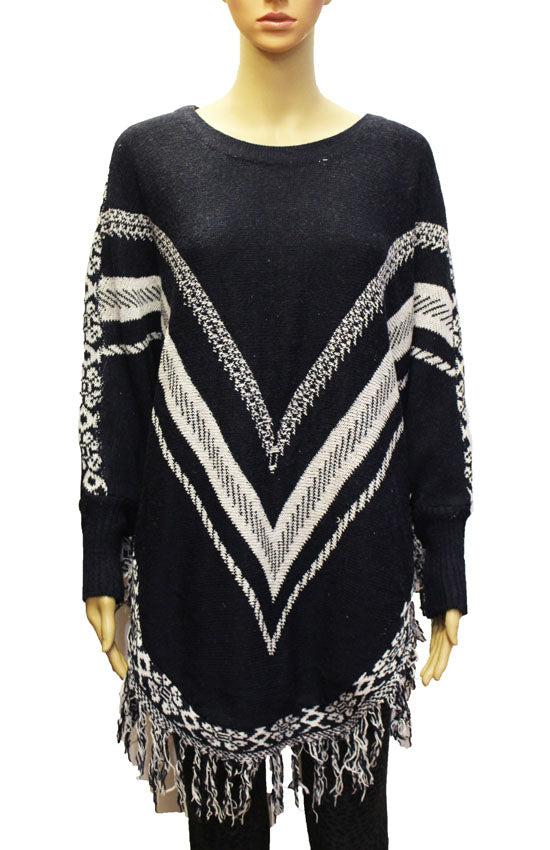 Chevron Knit Fringe Sweater-SHW1823