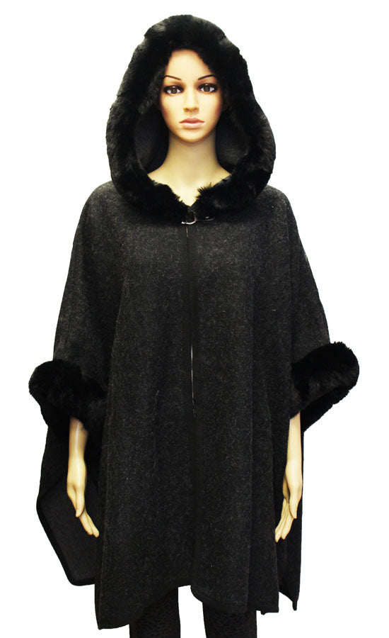 Hooded Faux Fur Trim Cape-SHW1931