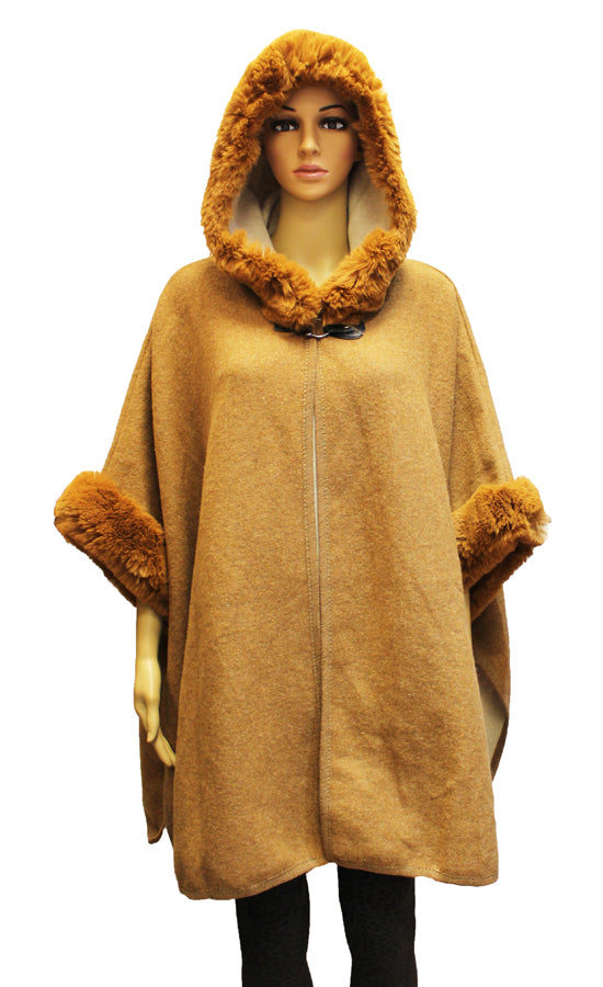 Hooded Faux Fur Trim Cape-SHW1931