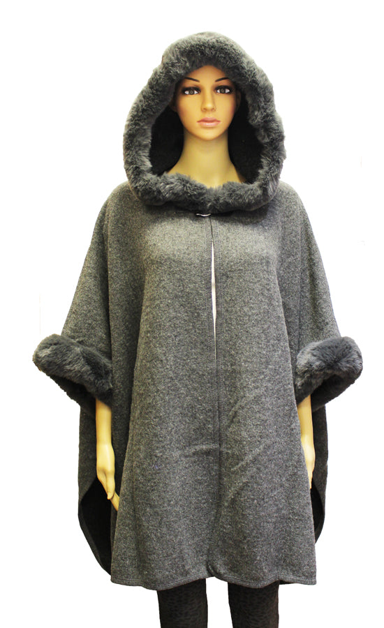 Hooded Faux Fur Trim Cape-SHW1931