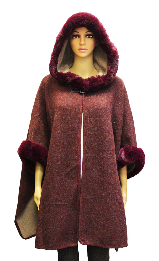 Hooded Faux Fur Trim Cape-SHW1931