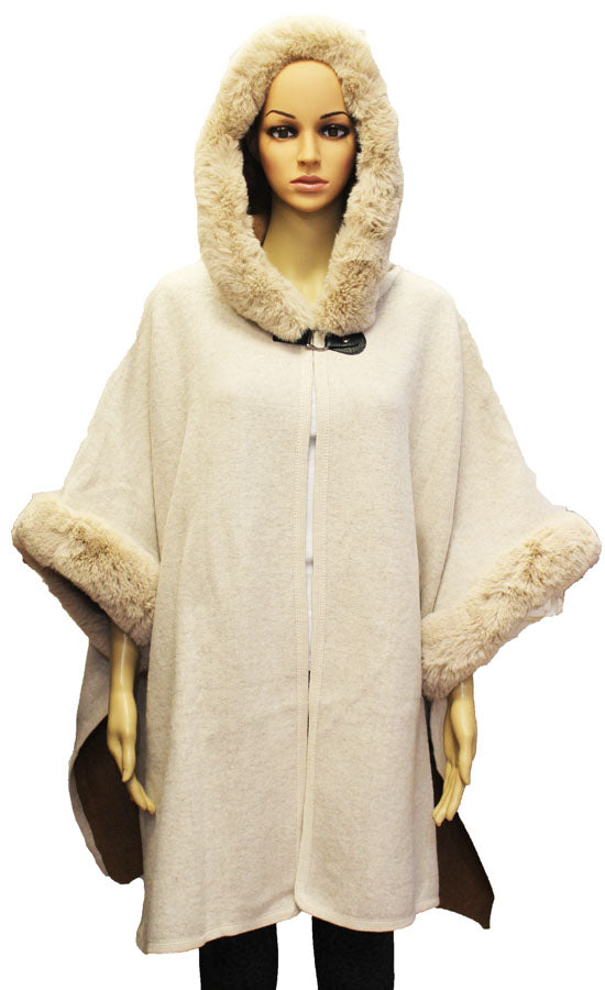 Hooded Faux Fur Trim Cape-SHW1931
