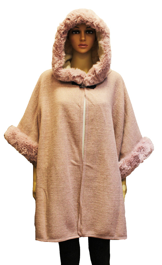 Hooded Faux Fur Trim Cape-SHW1931