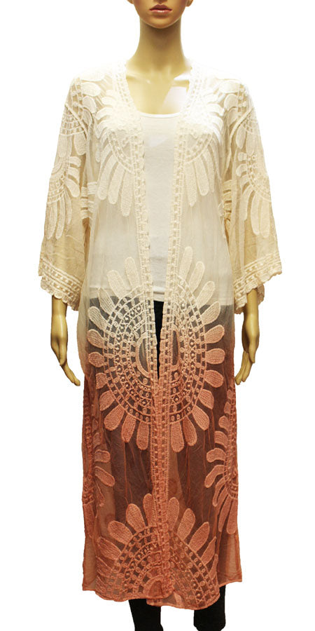 Boho Embroidered Long Mesh Kimono-SHW2001