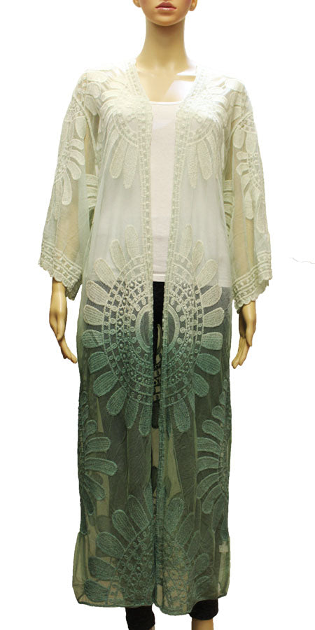 Boho Embroidered Long Mesh Kimono-SHW2001