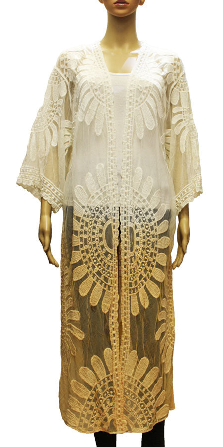 Boho Embroidered Long Mesh Kimono-SHW2001