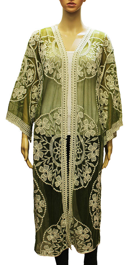 Elegant Floral Embroidered Mesh Kimono-SHW2002