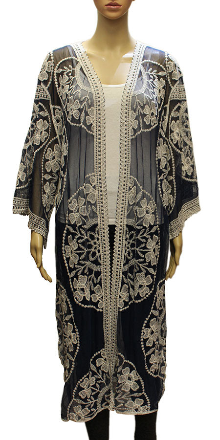 Elegant Floral Embroidered Mesh Kimono-SHW2002