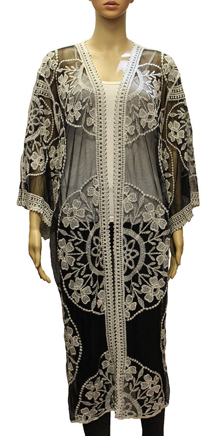Elegant Floral Embroidered Mesh Kimono-SHW2002