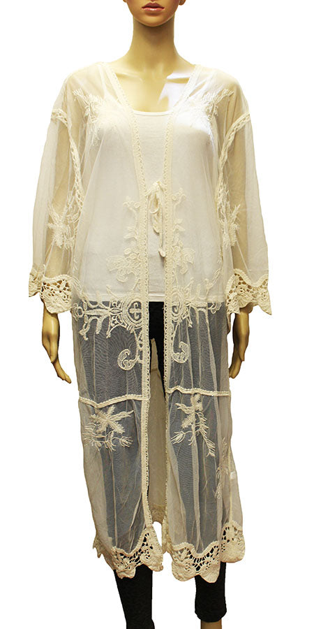 Sheer Floral Embroidered Long Kimono-SHW2003