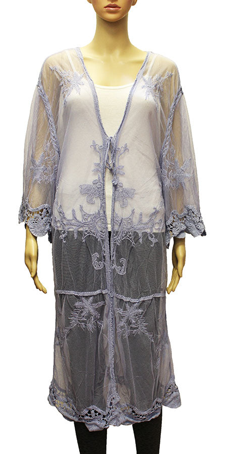 Sheer Floral Embroidered Long Kimono-SHW2003
