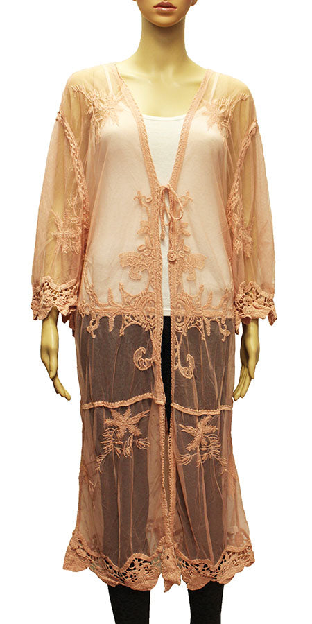 Sheer Floral Embroidered Long Kimono-SHW2003