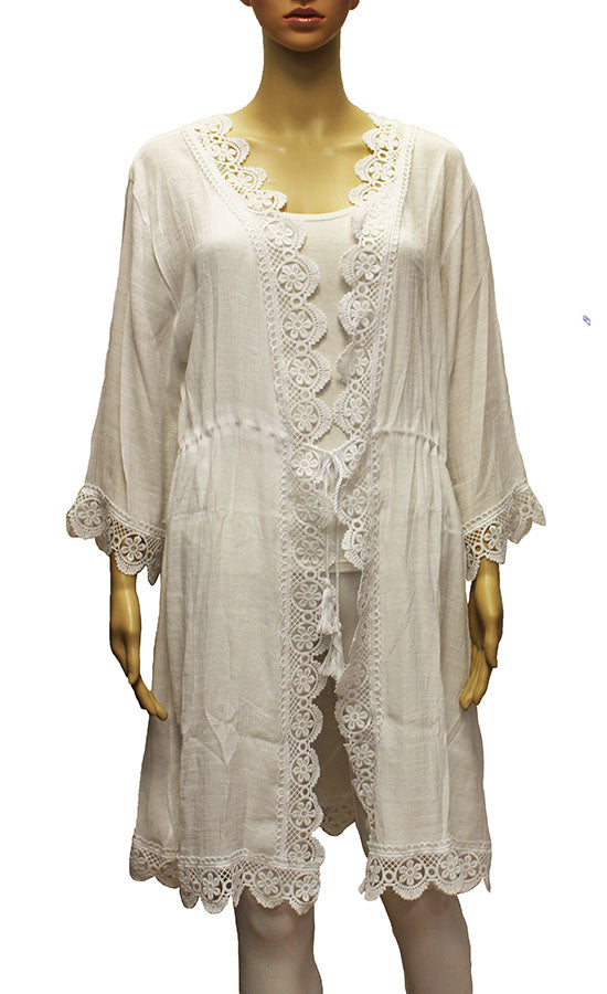 Lace Trim Waist Tie Kimono-SHW2011