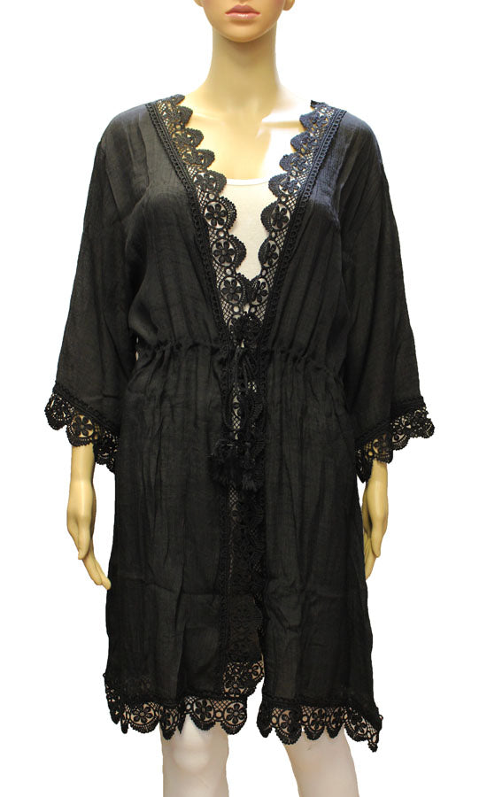 Lace Trim Waist Tie Kimono-SHW2011