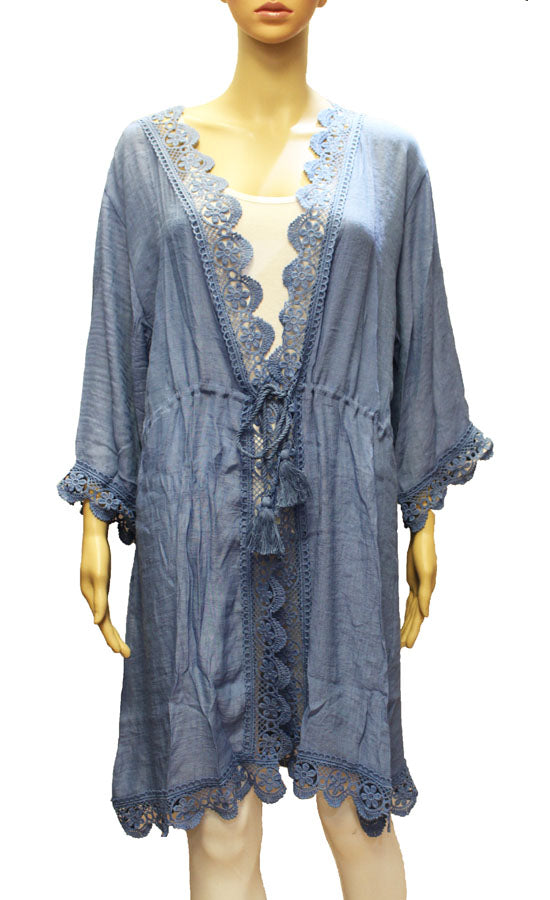 Lace Trim Waist Tie Kimono-SHW2011