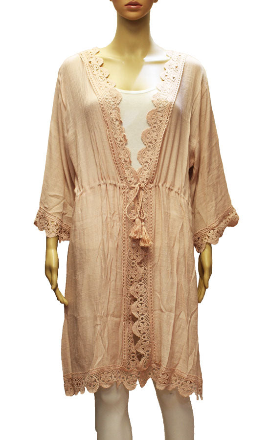 Lace Trim Waist Tie Kimono-SHW2011