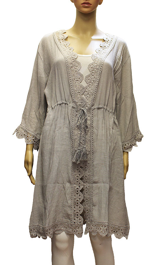 Lace Trim Waist Tie Kimono-SHW2011