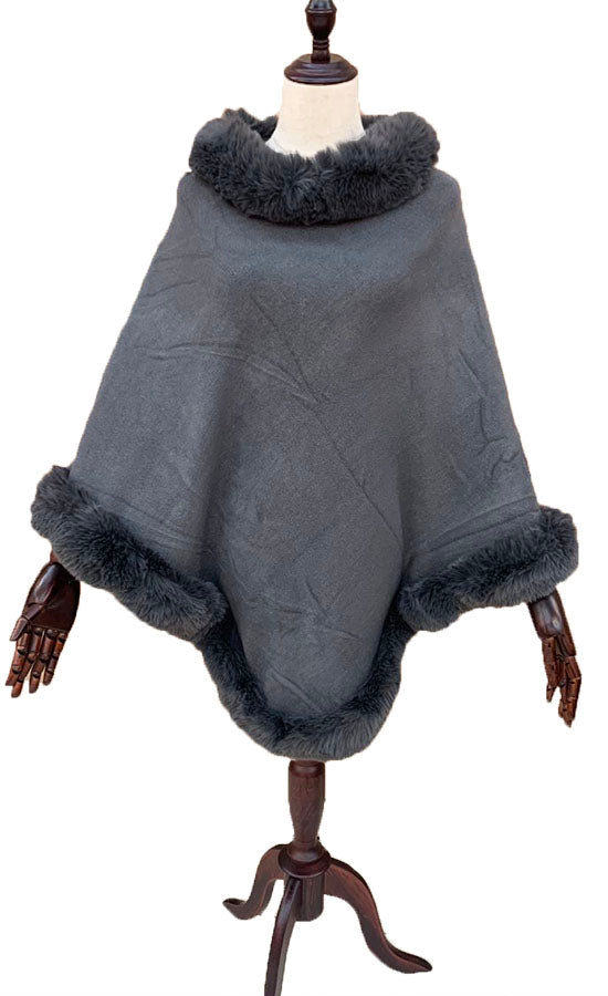 Faux Fur Trim Poncho Cape-SHW2017