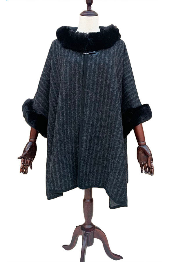 Striped Faux Fur Trim Cape-SHW2018