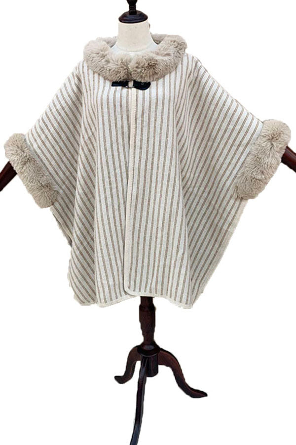 Striped Faux Fur Trim Cape-SHW2018