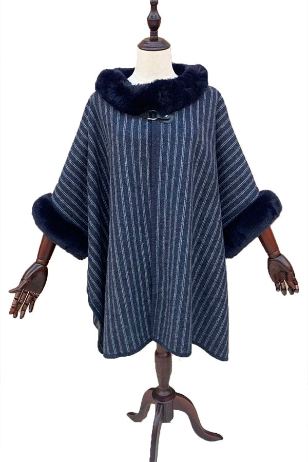 Striped Faux Fur Trim Cape-SHW2018