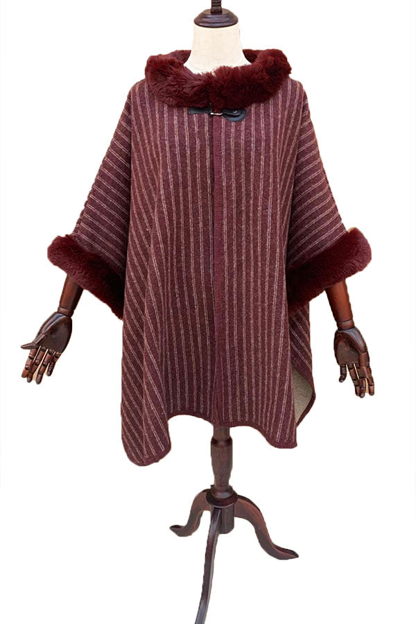 Striped Faux Fur Trim Cape-SHW2018