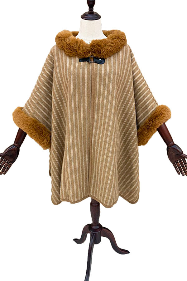 Striped Faux Fur Trim Cape-SHW2018