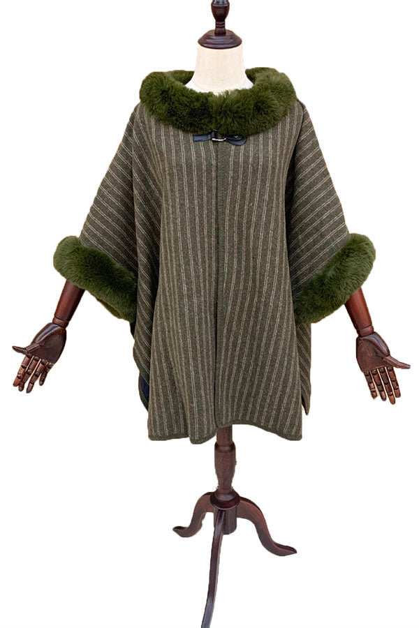 Striped Faux Fur Trim Cape-SHW2018