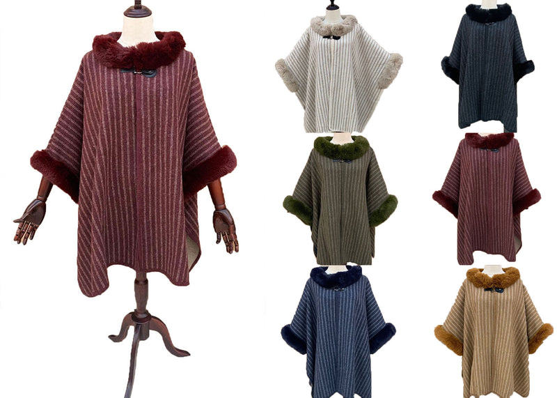 Striped Faux Fur Trim Cape-SHW2018