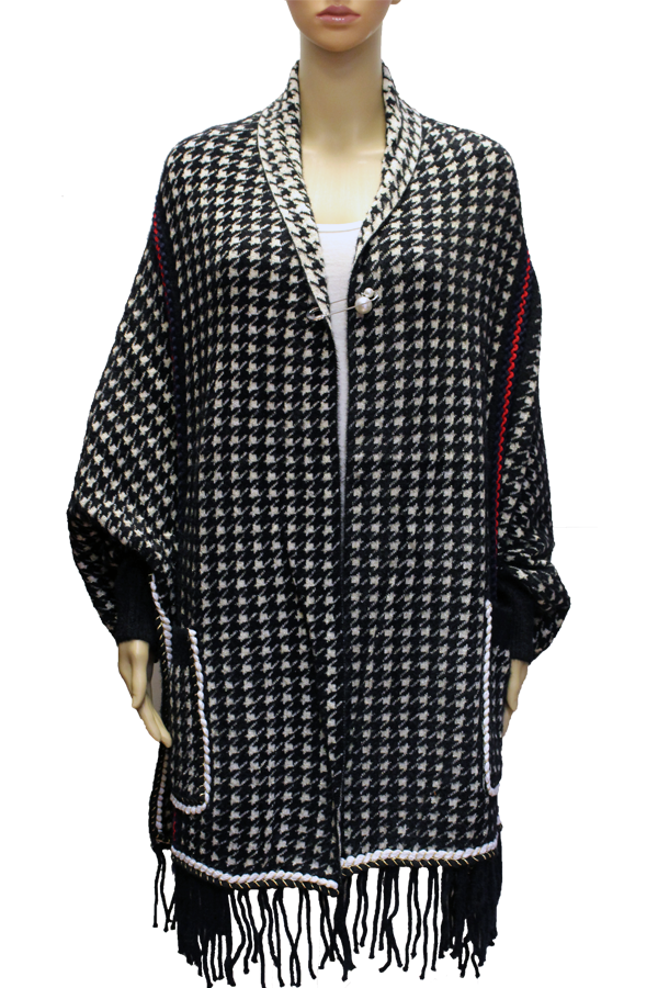Houndstooth Fringe Knit Shawl-SHW2101