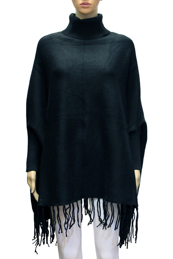 Turtleneck Fringe Knit Poncho-SHW2103