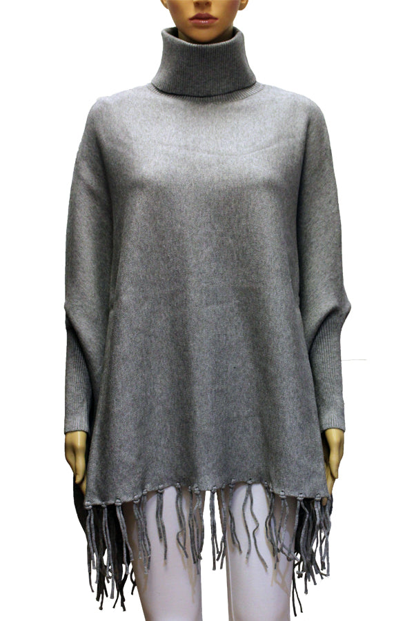 Turtleneck Fringe Knit Poncho-SHW2103