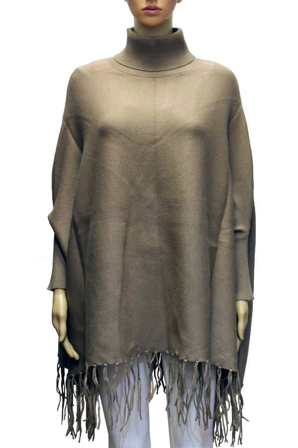 Turtleneck Fringe Knit Poncho-SHW2103