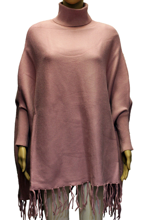 Turtleneck Fringe Knit Poncho-SHW2103