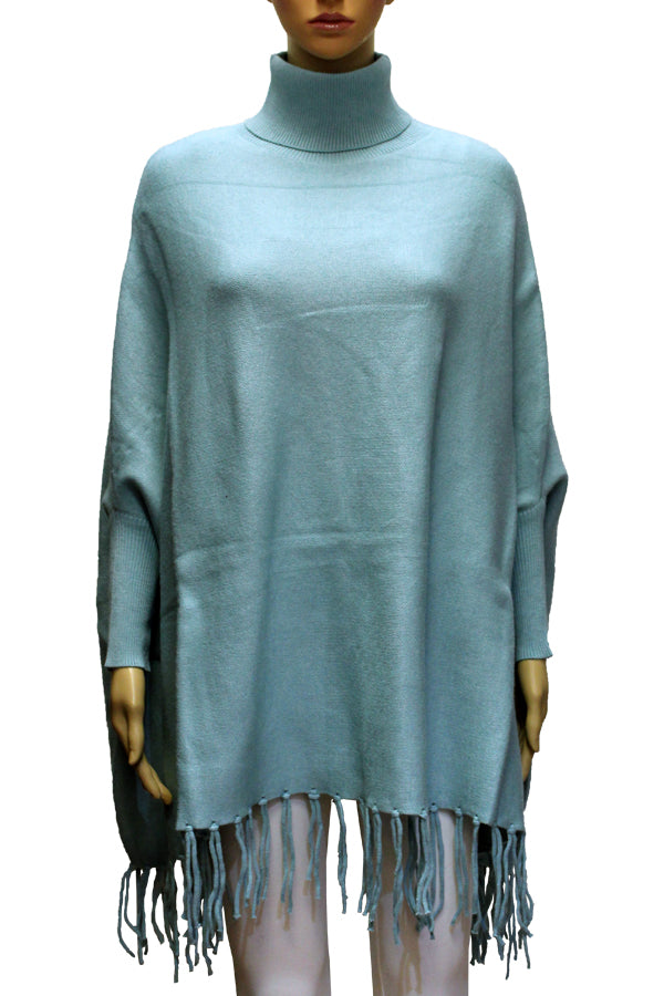 Turtleneck Fringe Knit Poncho-SHW2103