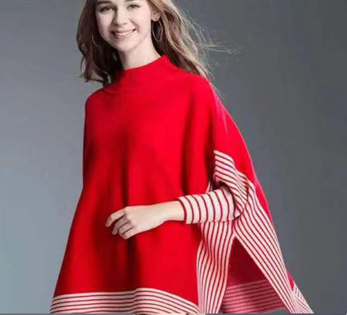 Striped Edge Knit Poncho-SHW2104