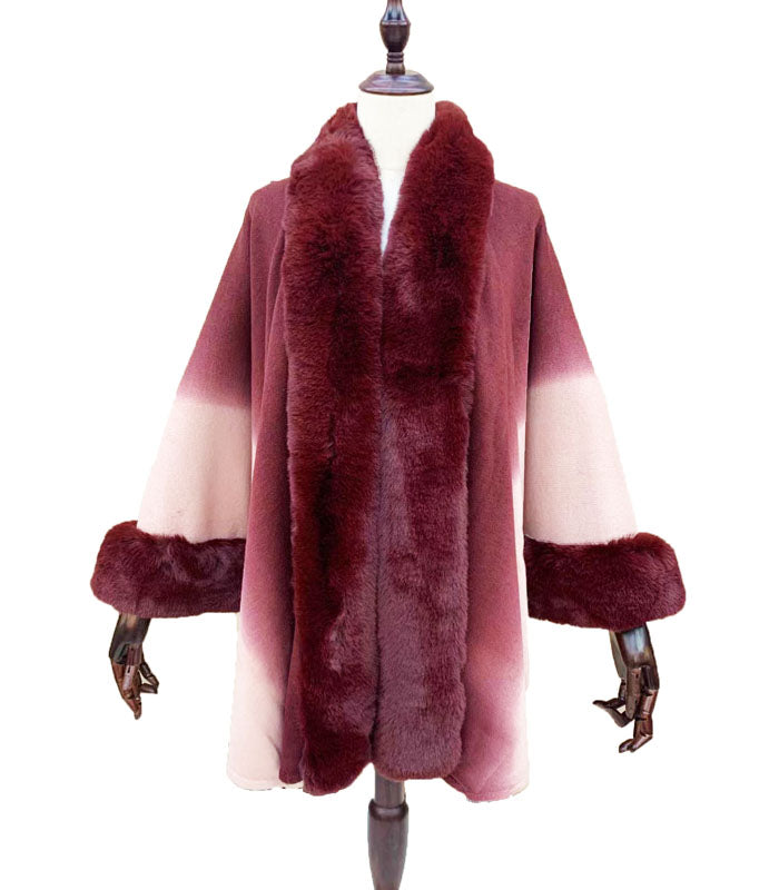 Gradient Faux Fur Trim Cape-SHW2204