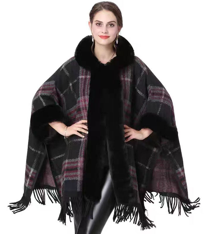 Plaid Faux Fur Trim Poncho-SHW2205