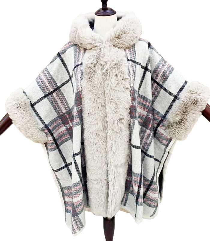 Plaid Faux Fur Trim Poncho-SHW2205