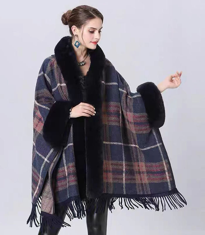 Plaid Faux Fur Trim Poncho-SHW2205