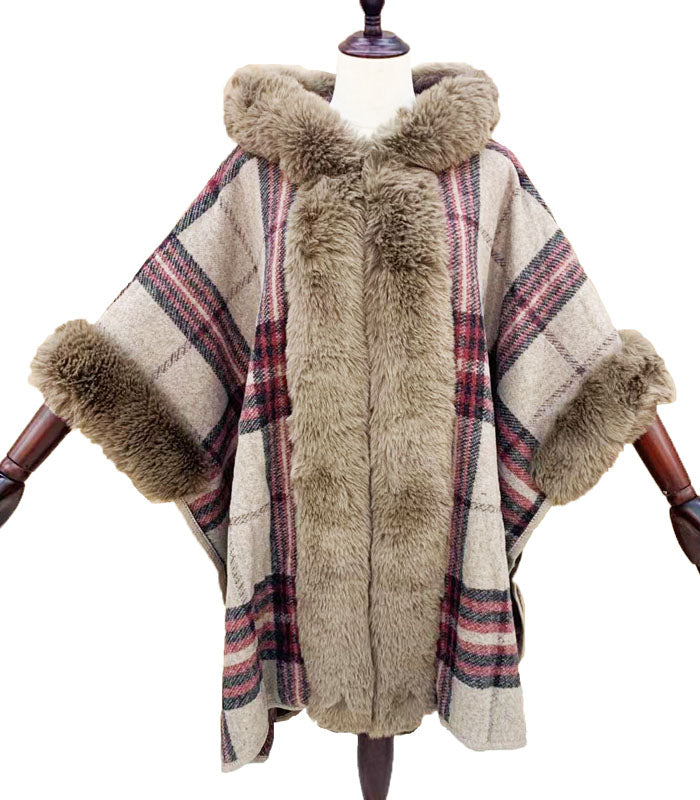 Plaid Faux Fur Trim Poncho-SHW2205