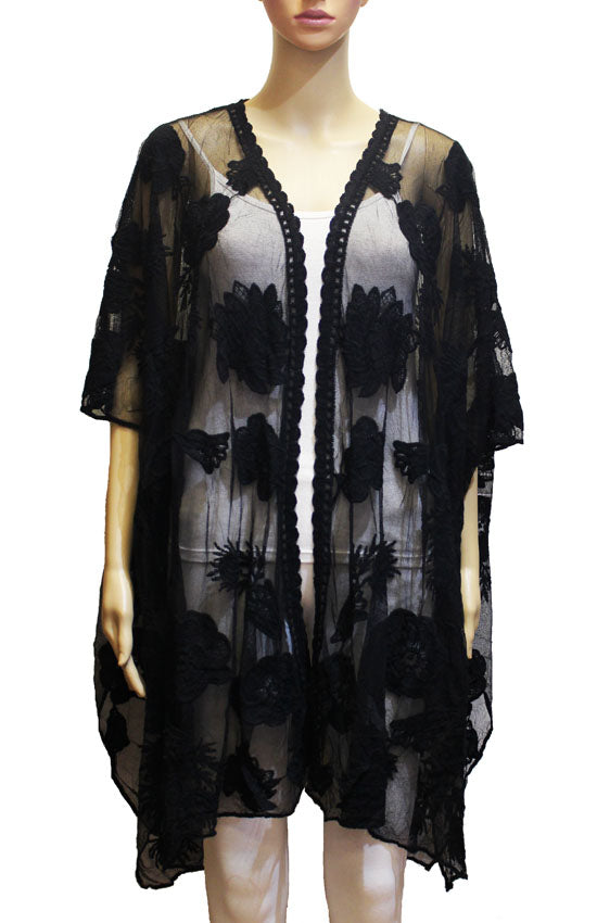 Sheer Floral Embroidered Kimono-SHW2307